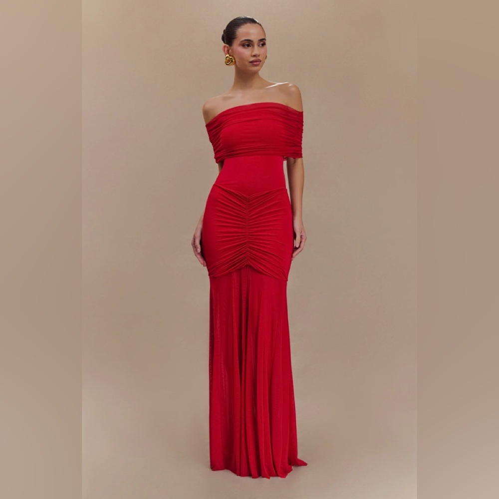 Meshki Caspian Slinky And Mesh Off Shoulder Maxi Dress
